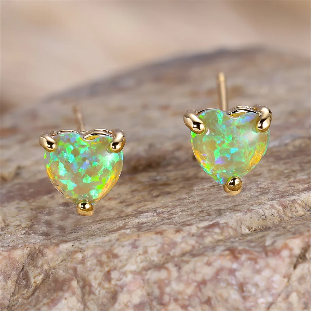 Charm Heart Stone Blue White Green Fire Opal Stud Earrings For Women Trendy Silver Color Birthstone Wedding Jewelry Bridal Gifts