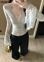 Sexy V-Neck Sheer T-Shirts Fashion Women Flare Long Sleeve Spring Lace Slim Pullovers Tops Casual Evening Party Club Chic Tees 2