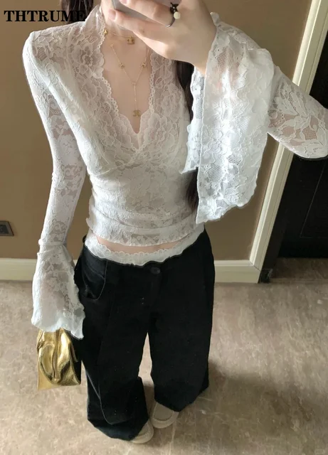 Sexy V-Neck Sheer T-Shirts Fashion Women Flare Long Sleeve Spring Lace Slim Pullovers Tops Casual Evening Party Club Chic Tees 2