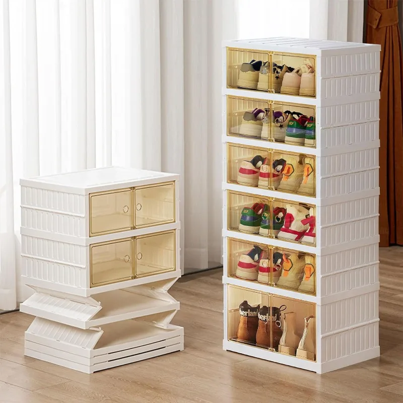 

6-Tier Foldable Shoe Organizer for Closet Stackable No Assembly Stackable Shoe Organizer Storage Bins with Clear Door