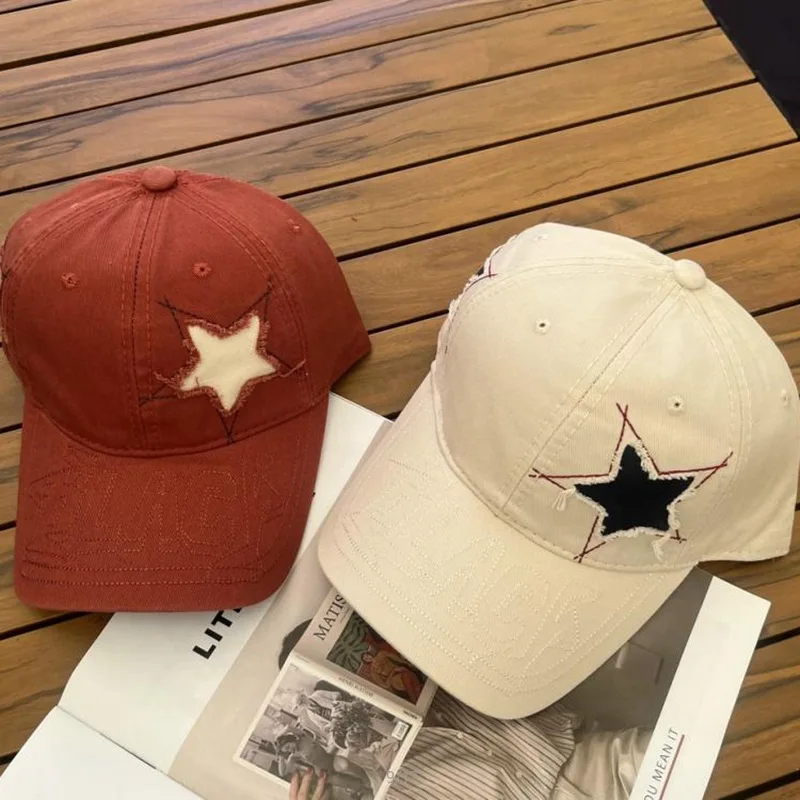 

Korean Version Star Distressed Baseball Cap 2024 New Women Men Trend Sunscreen Ducker Hats Letter Embroidery Vintage Street Caps