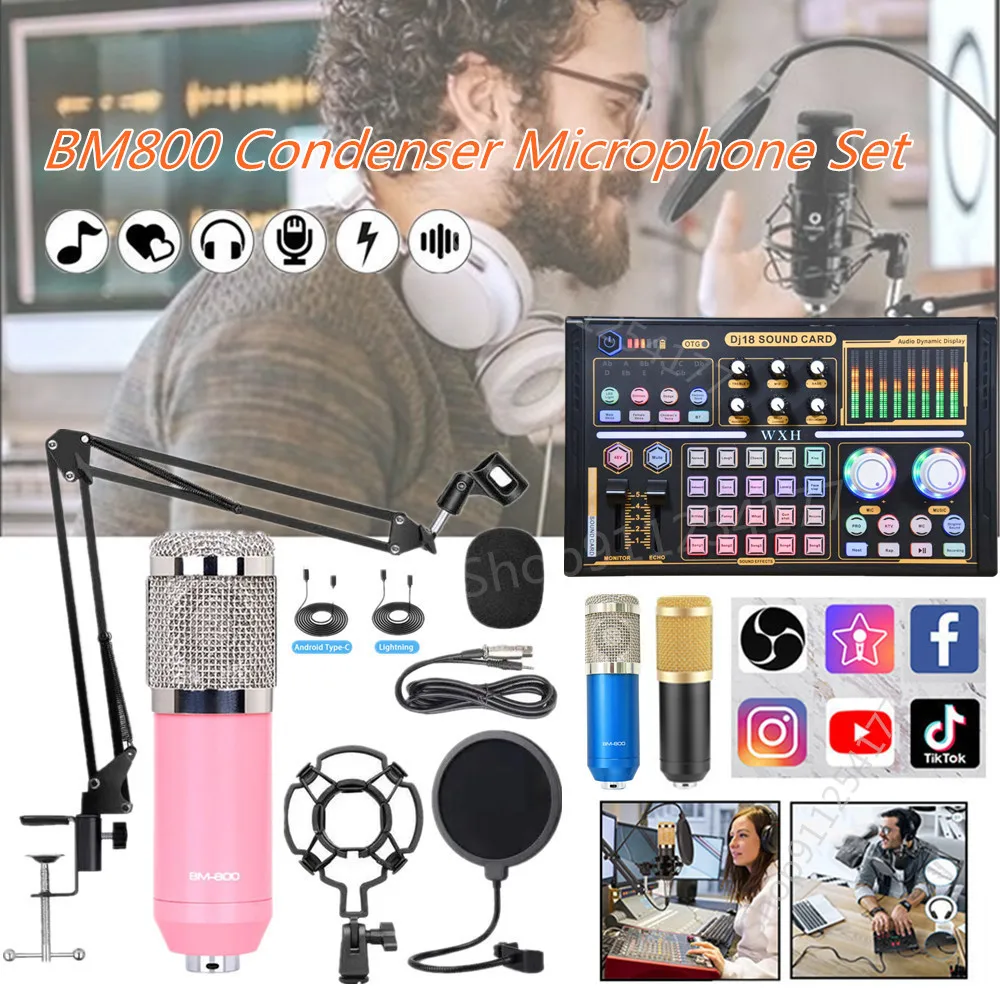 

Популярный конденсаторный микрофон BM 800, беспроводная звуковая карта DJ18 для компьютера, телефона, караоке, прямого пения, игровой подвесной ножничный рычаг