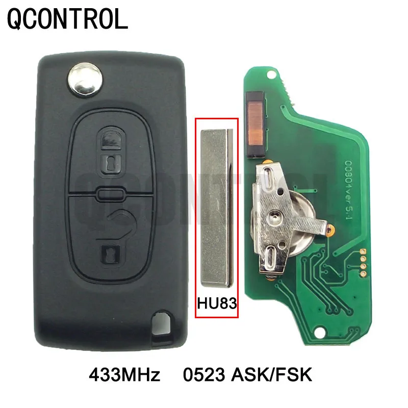 QCONTROL 433MHz 2 Buttons Car Remote Key Fit for PEUGEOT 207 307 308 407 807 Expert Partner CC SW (CE0523 ASK/FSK, HU83)