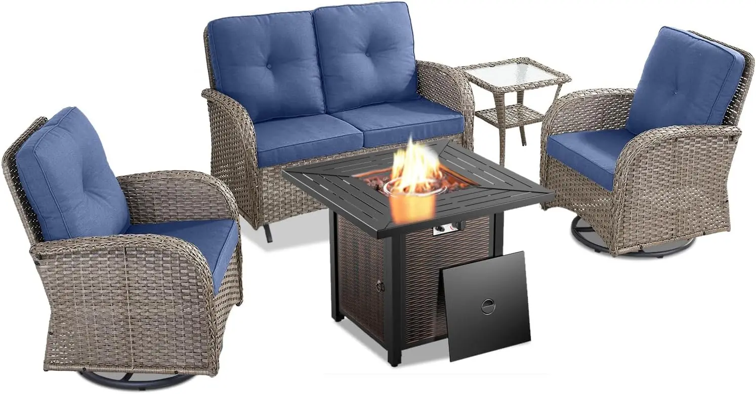 5 Piece Outdoor Patio Furniture Set with 50000 BTU Propane Fire Pit Table Deep Seating Wicker Swivel Rocker Chairs
