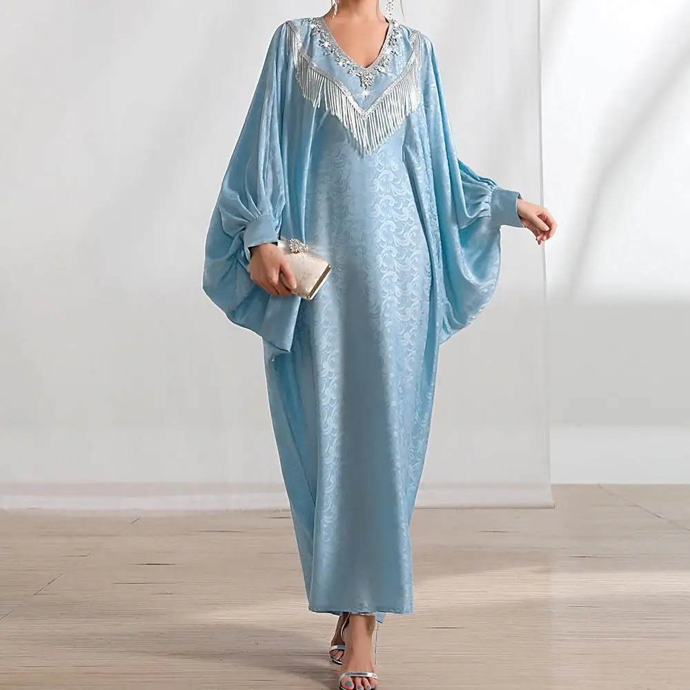 

Diamonds Tassel Bat Sleeve Loose Dress Kaftan Moroccan Caftan Dubai Turkey Muslim Women Eid Ramadan Abaya Islamic Clothing Robe