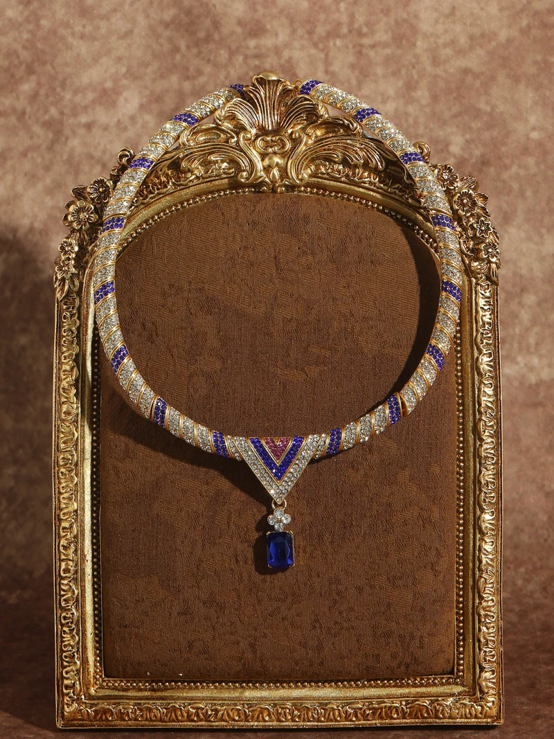 Sdc3b5c03939f4bcc9ee1194765be7a00G Vintage Blue Zircon Pendant Necklace Gold Color Choker Collar Woman Rhinestone Wedding Accessories Luxury Designer Jewelry Mallzona