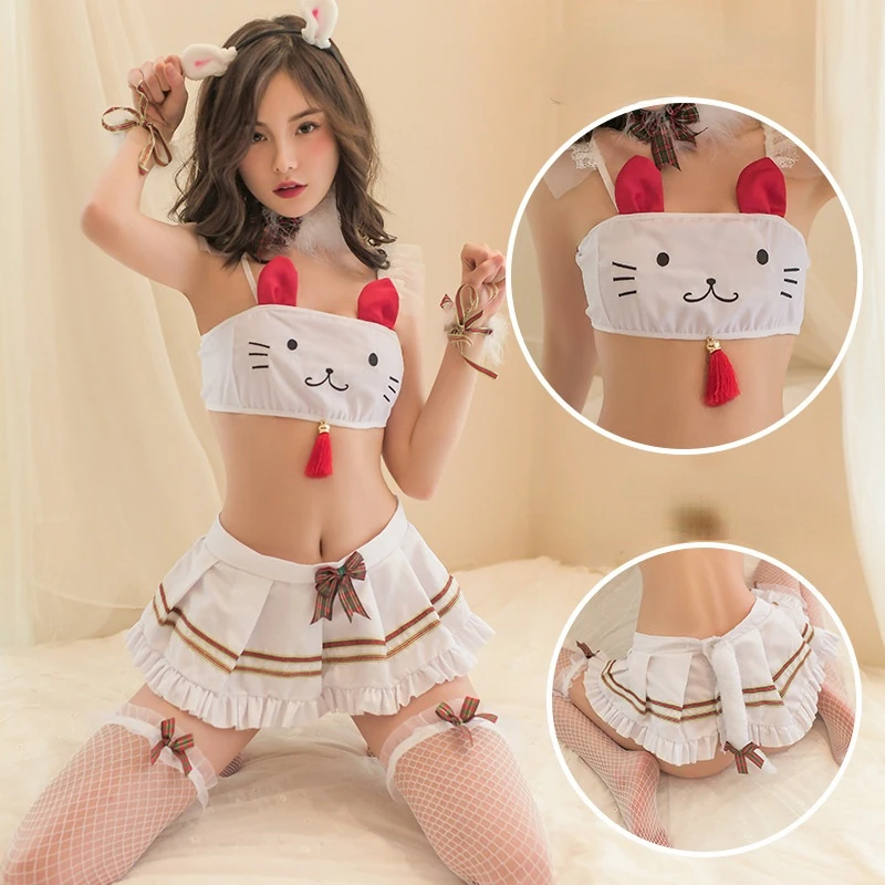 

Anime Sexy Cosplay Costumes Cat Cos Short Tube Miniskirt Set Erotic Kawaii White Kitty Top Uniform for Women Sailor Moon Outfit