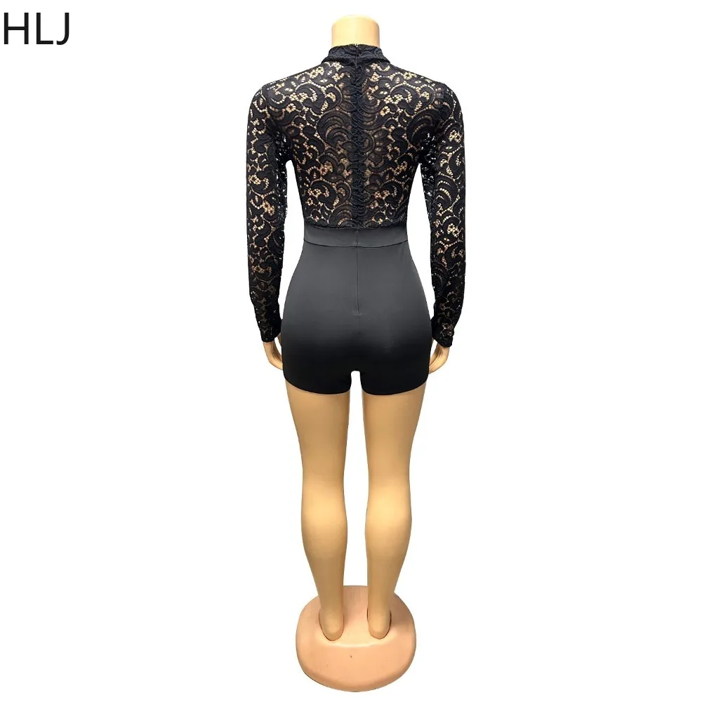 HLJ Fashion Lace Splicing Bodycon Rompers Women Round Neck Long Sleeve Slim Jumpsuits Female Solid Color Party Club Playsuits