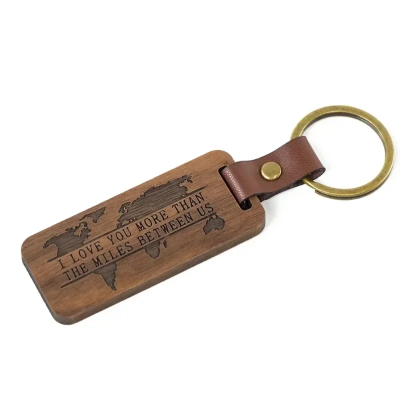 Customized PU Leather Wooden Keychain Blank DIY Wood Keyring Square Engraved Car Key Chains Retro for Friends Lovers Family Gift images - 6