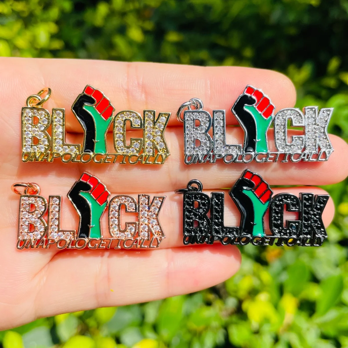 

5pcs Black Lives Matter Fist Charm Micro Zircon Pave Unapologetically Black Word Pendant for Juneteenth Bracelet Necklace Making