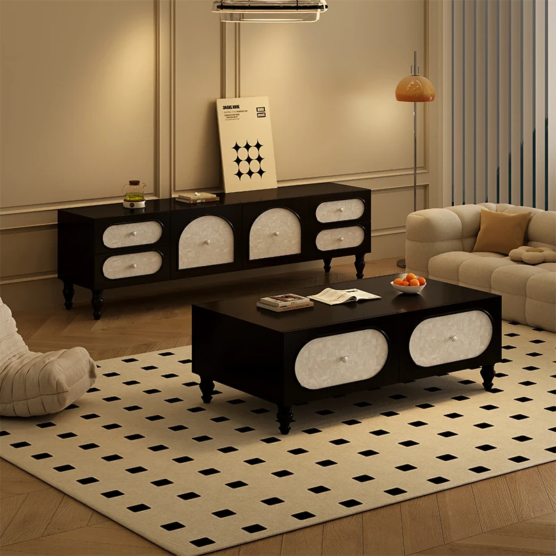 

Solid Wood Light Luxury Coffee Table TV Combination American Living Room Small Apartment Shell Storage Drawer