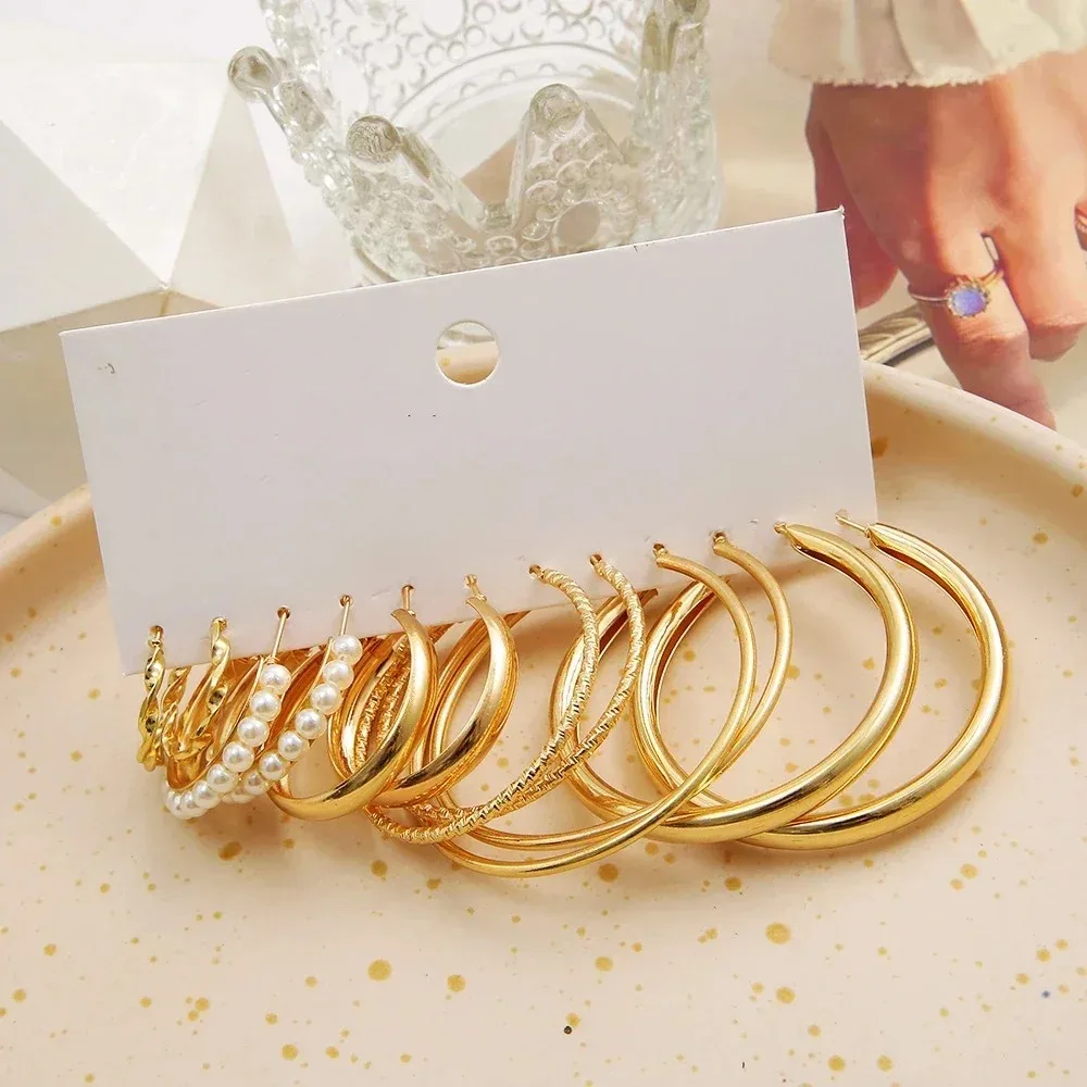 Ensemble de boucles d'oreilles créoles Boho Big Circle pour femmes, boucles d'oreilles en perles vintage de couleur or, clous d'oreilles en forme de cœur en zircon, bijoux cadeaux_voghion.com