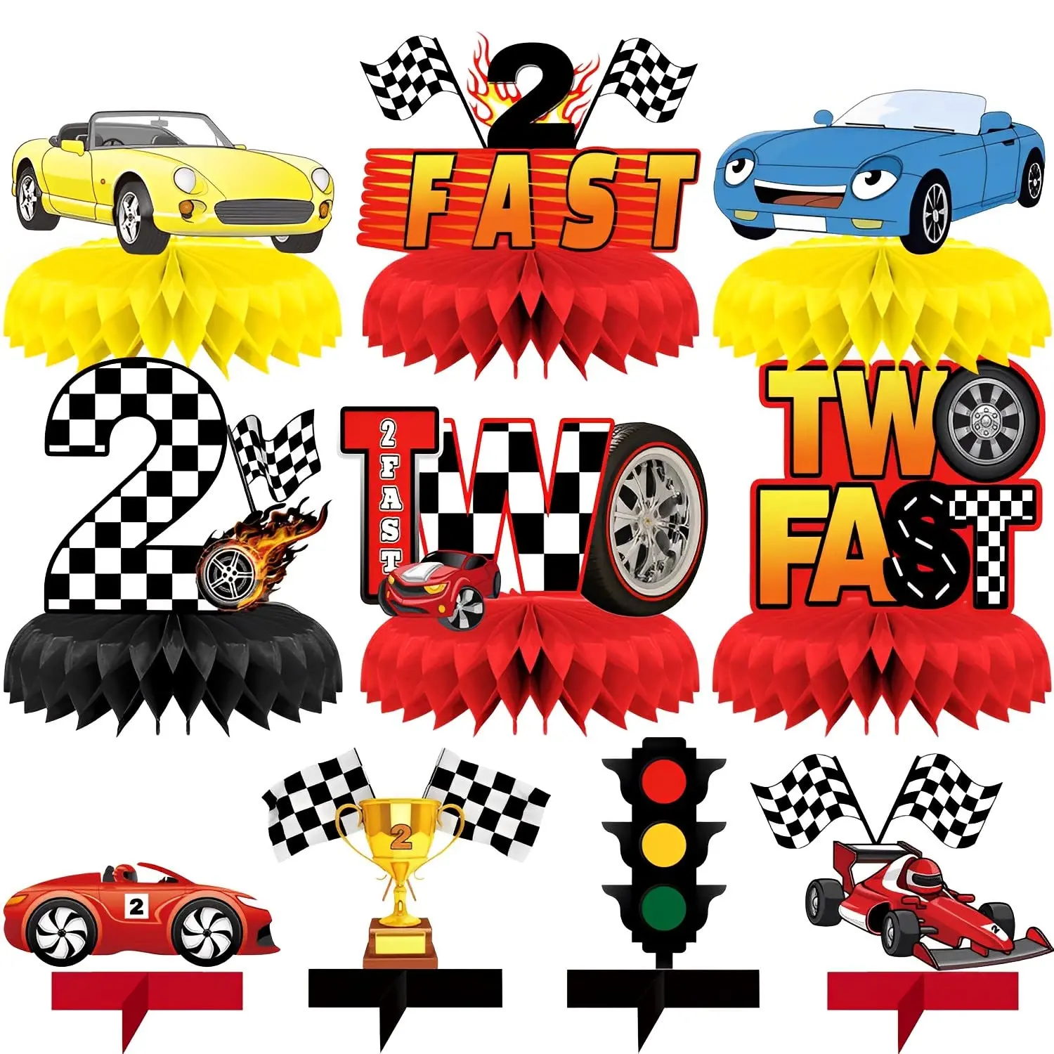 

10Pcs 3D Race Car Honeycomb Table Ornament Racing Themed Party Two Fast Checkered Flag Trophy Boy's Birthday Party Decorations
