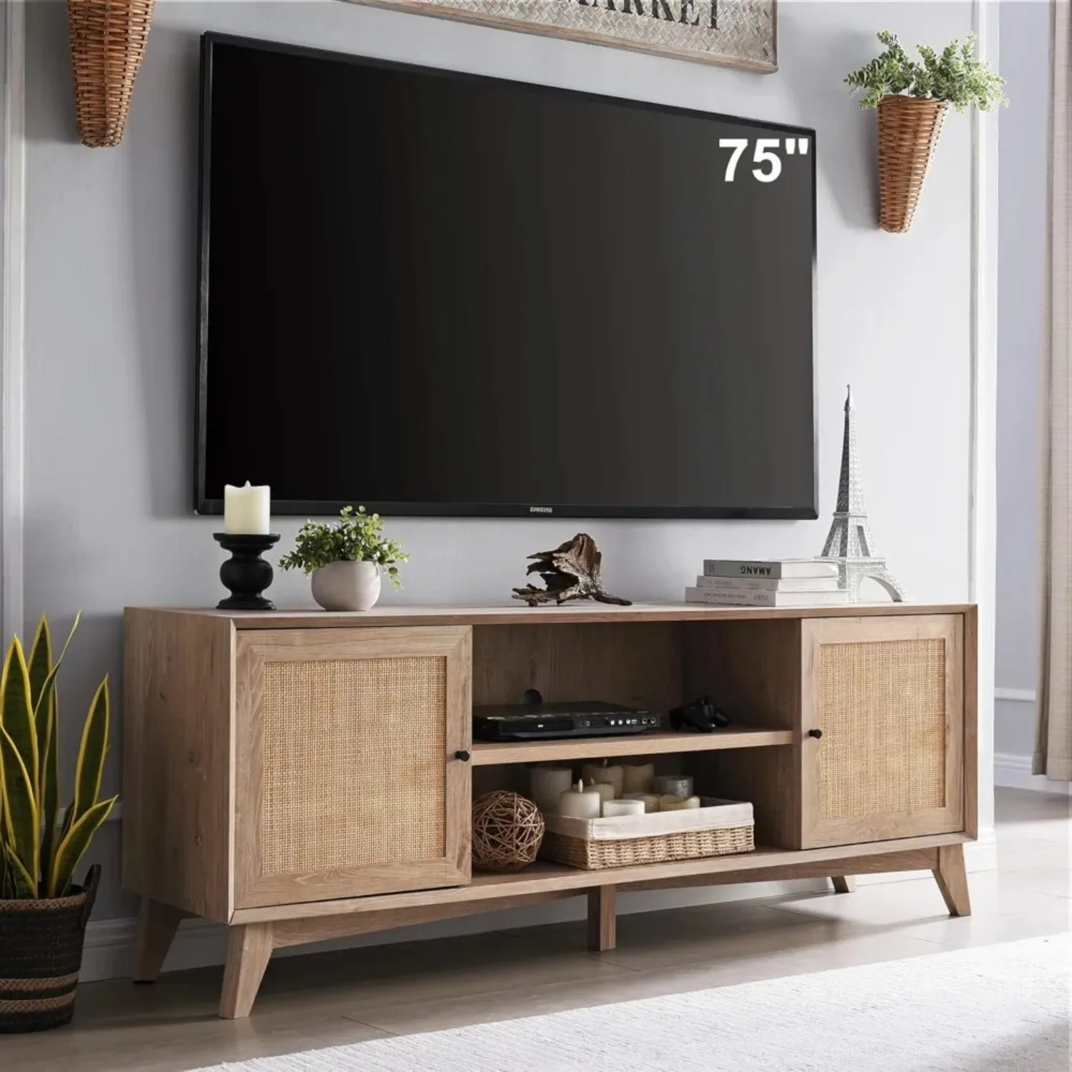 TV Stand for 75+ Inch TV, Modern Entertainment Center w/Natural Rattan Door, Storage Shelves, Large Boho Media TV Console