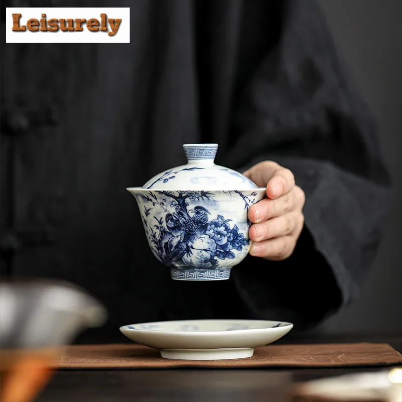 150ML Antique Blue And White Porcelain Gaiwan Retro Ink Flower And Bird Tea Tureen Tea Making Cover Bowl Tea Services Craft Gift