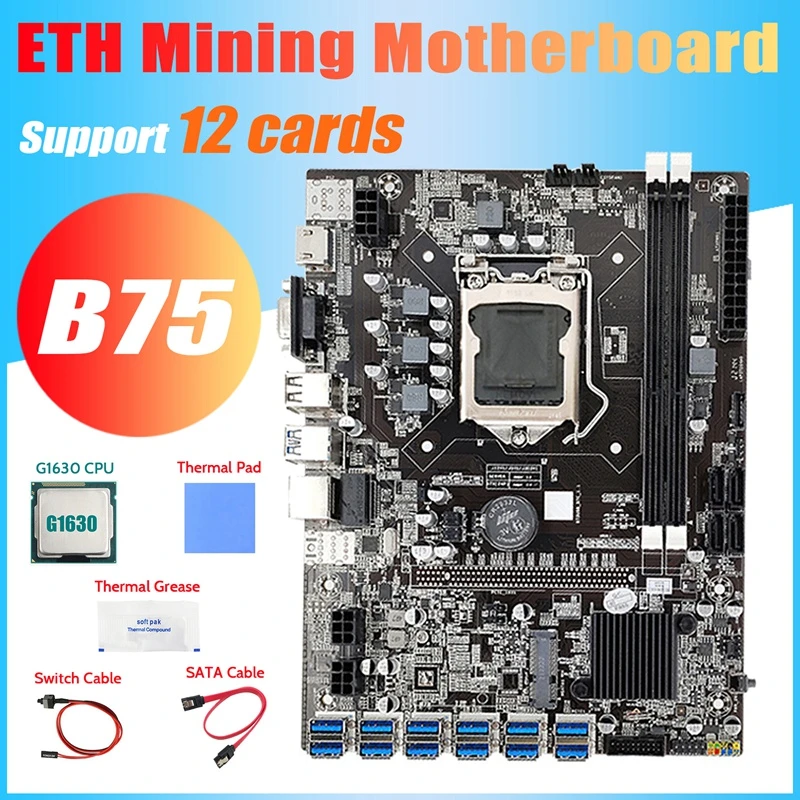 B75 ETH Mining Motherboard 12 PCIE To USB+G1630 CPU+Switch Cable+SATA Cable+Thermal Grease+Thermal Pad B75 Motherboard best budget pc motherboard