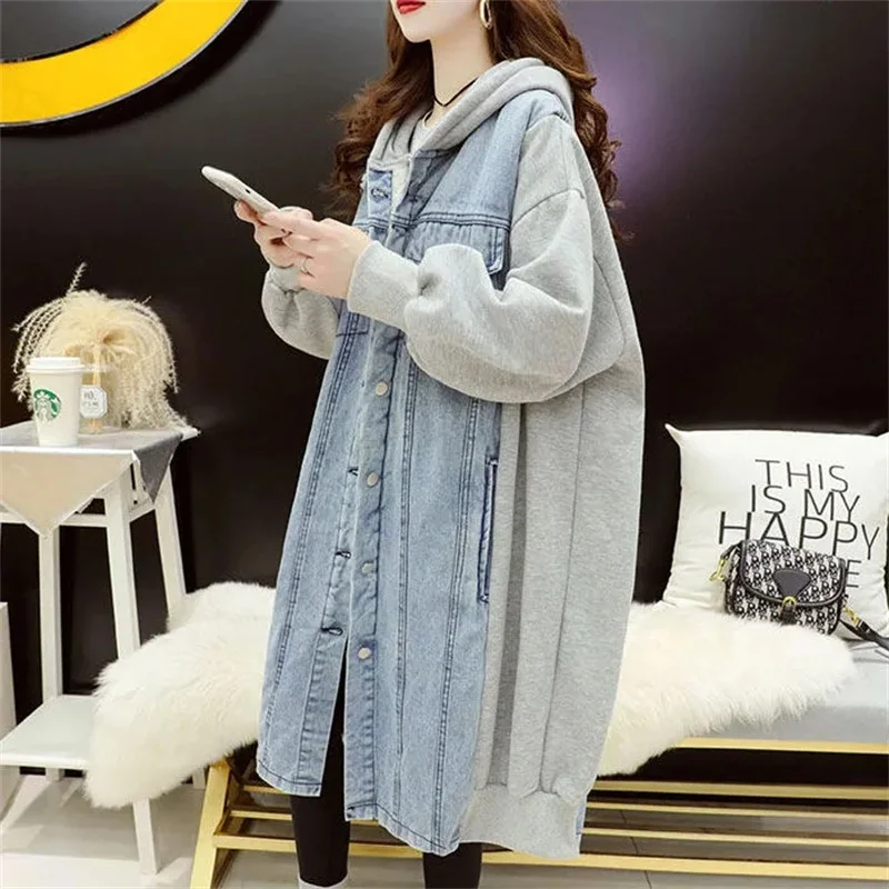 Thickened Mid Length Hooded Cardigan With Added Velvet Women's Autumn Winter 2024 New Loose Mesh Red Patchwork Jacket Commuting