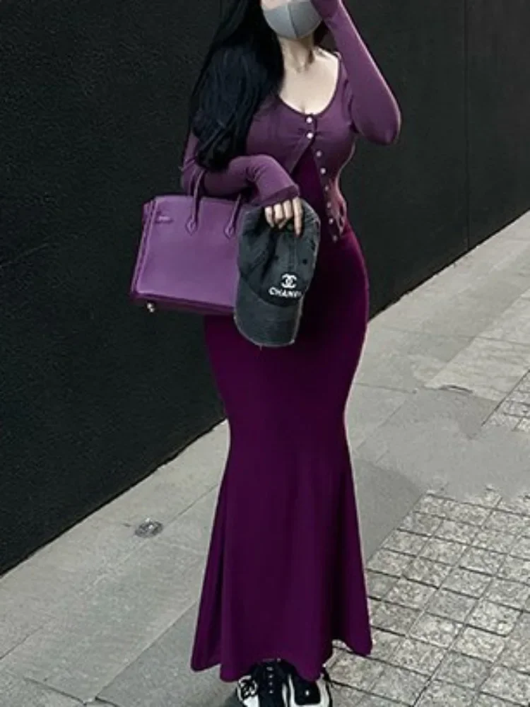 

Autumn/Winter New Sexy U-Neck Irregular Short Cardigan+Hip Wrapped Fishtail Suspended Dress Two Piece Set Holiday Strap Dresses