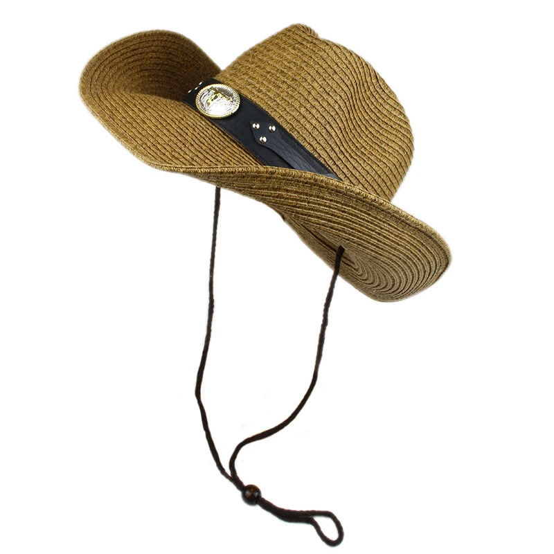 

Vintage Retro Black Cowhead OX Head Leather Belt Hollowed Out Women Men Straw Wide Brim Beach Cowboy Cowgirl Western Sun Hat