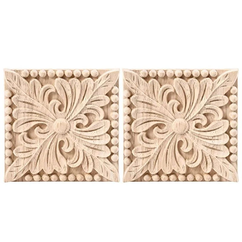 

2 Pack Wood Carved Applique Onlay Square Carving Decal Unpainted Flower Door Cabinet Furniture Decoration 3.94X3.94Inch