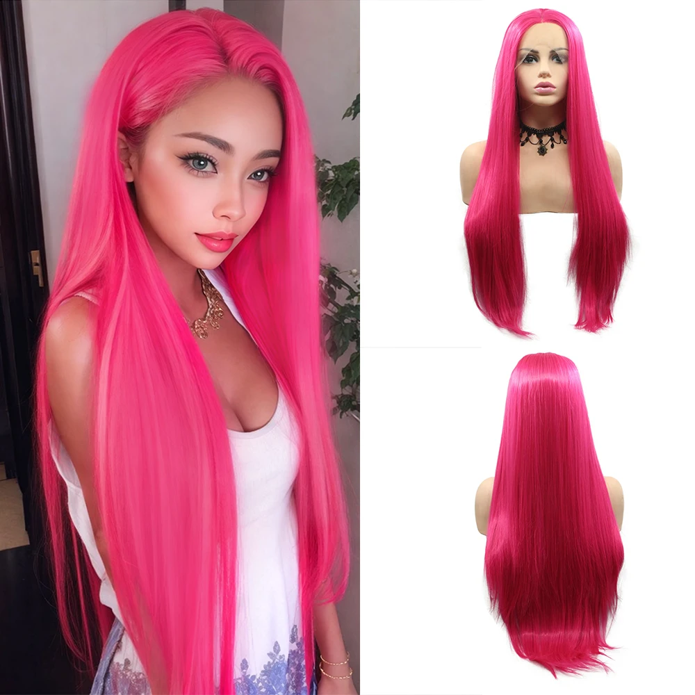 Sylvia Hot Pink Lace Front Wigs for Women Long Straight Hair Rose Red Color Glueless Heat Resistant Synthetic Lace Wig 24 inches