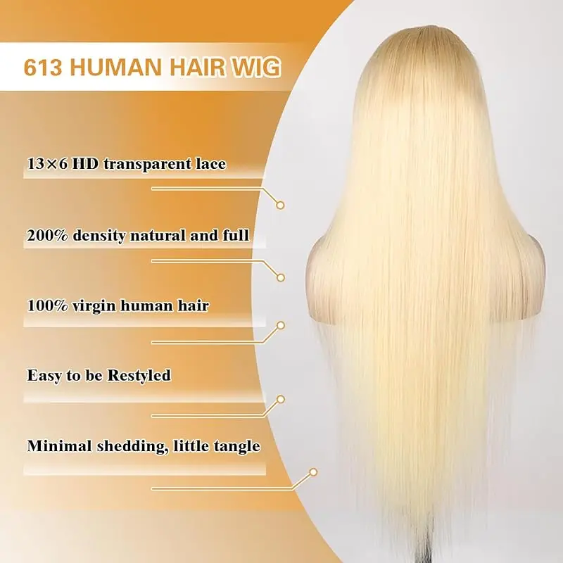 13x6 Blonde 613 Straight human hair wigs 38 inch HD Lace wigs 240 Density Front Lace Brazilian wigs human hair For women