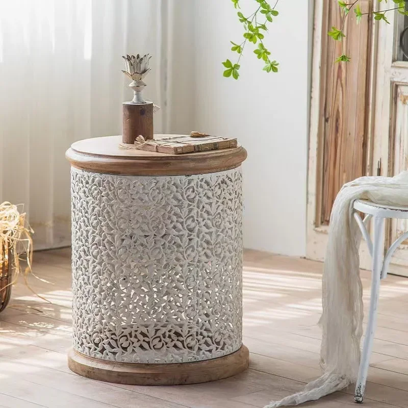 Living room American-style white carved hollow-out small coffee table pine wood round table with iron base sofa
