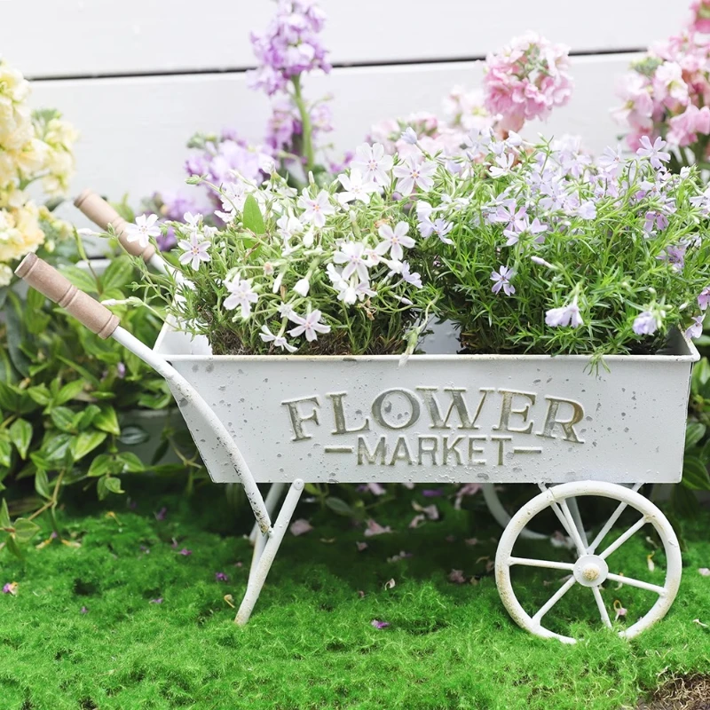 Vintage Wrought Iron Handcart Planter Unique Garden Storage Flower Pot Outdoor Decorative Ornament Courtyard Patio Yard Decor