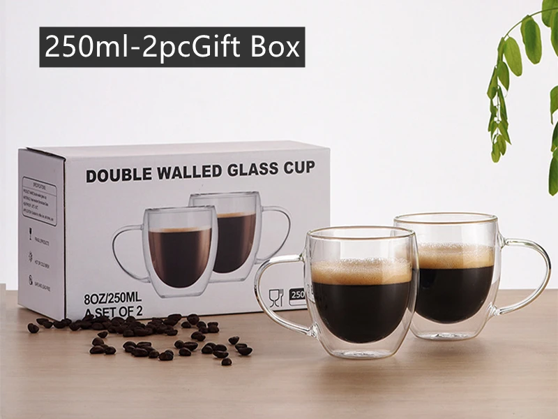 2pc/6pc Double-layer Heat-resistant Glass Coffee Cup Transparent Tea Beer Coffee Water Cups Heat Preservation cup Gift set
