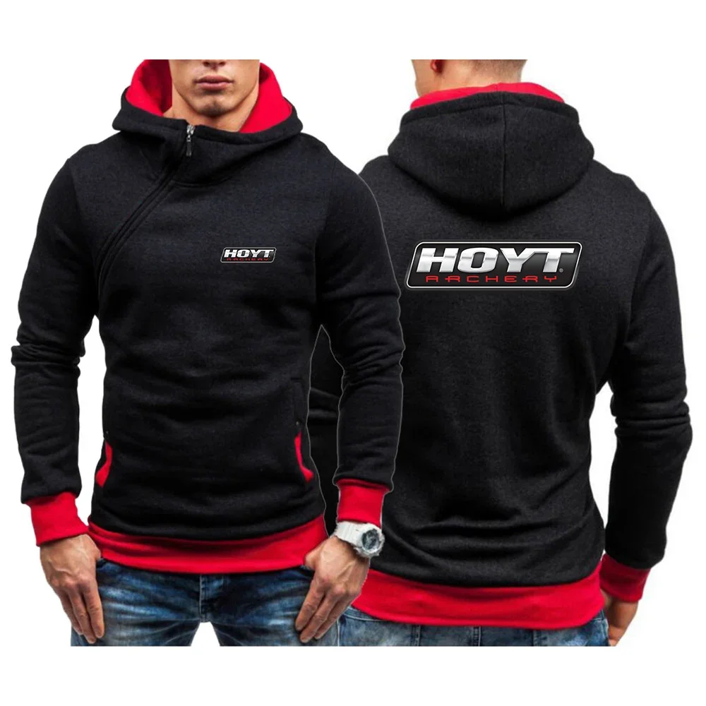 

2024 Spring Autumn HOYT Archery Huntinger Bows Logo Print Solid Color Splicing Pullover Coat Long Sleeve Diagonal Zipper Hoodies