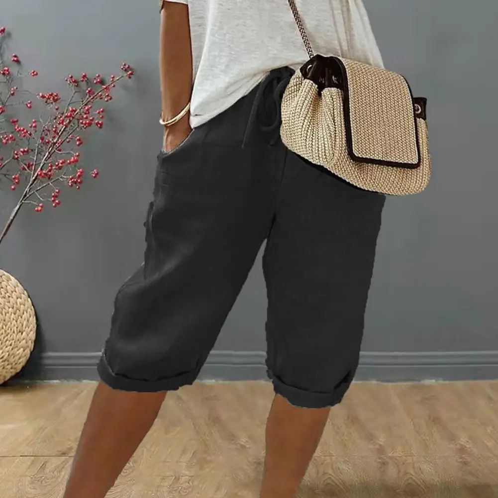

Elastic Waist Pants Vintage Style Breathable Knee-length Pants with Pockets for Women Elastic Waist Drawstring Trousers Loose