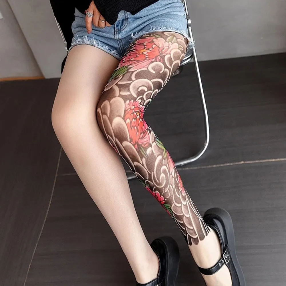 Neue Gefälschte frauen Sexy Gedruckt Strumpfhosen Perspektive Mesh Pfingstrose Strumpfhosen Leggings Weibliche Strümpfe Sommer – Detail 7