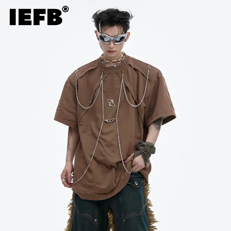 

Футболка IEFB в нишевой стиле для мужчин, футболка с изношенными плечевыми подушечками и металлической цепочкой, мужской топ с круглым воротником и коротким рукавом, новая мода 2024 9C6804