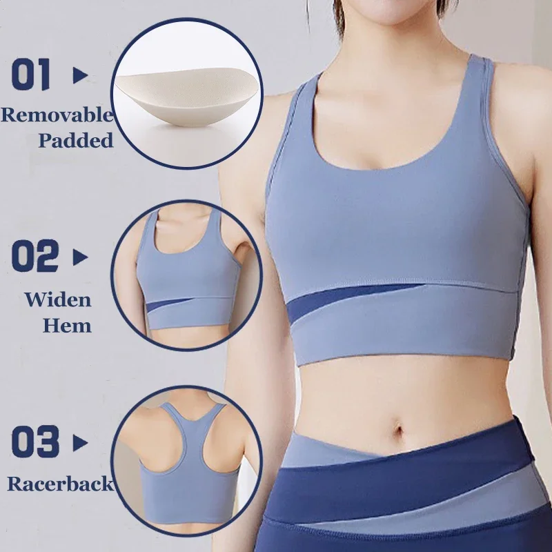 Aiithuug Yoga Crop Top Splicing Joint Color Yoga Bra Racer Back Pilates Bra Gym Bras Bounce Control Running Bras Fitnss Crops