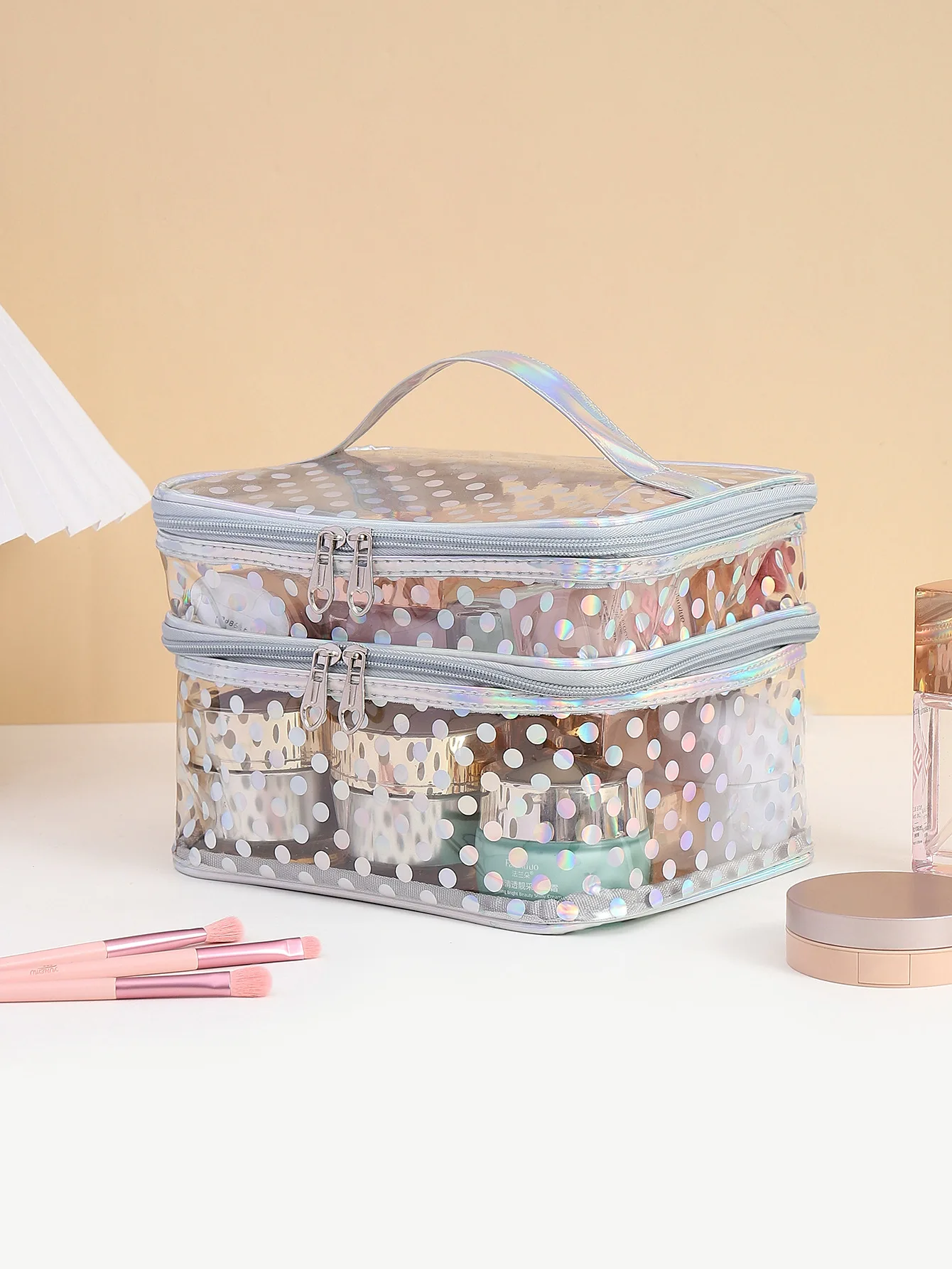 Polka dot transparent PVC double layer makeup bag Multi-functional portable waterproof makeup case large capacity travel storage 2