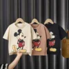 Mickey Print T-shirt Summer Clothing Solid Color Short Sleeve Tops Casual Simple Cartoon Cute Crewneck Base Shirt For Baby 1
