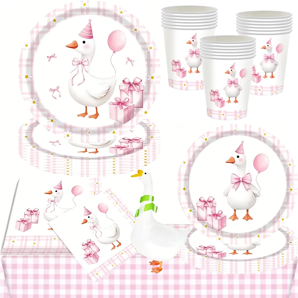 Rosa One Silly Goose Party-Geschirr-Set, Pappteller, Tassenservietten für Babyparty, Verlobung, Geburtstagsparty, Dekorationen, Zubehör
