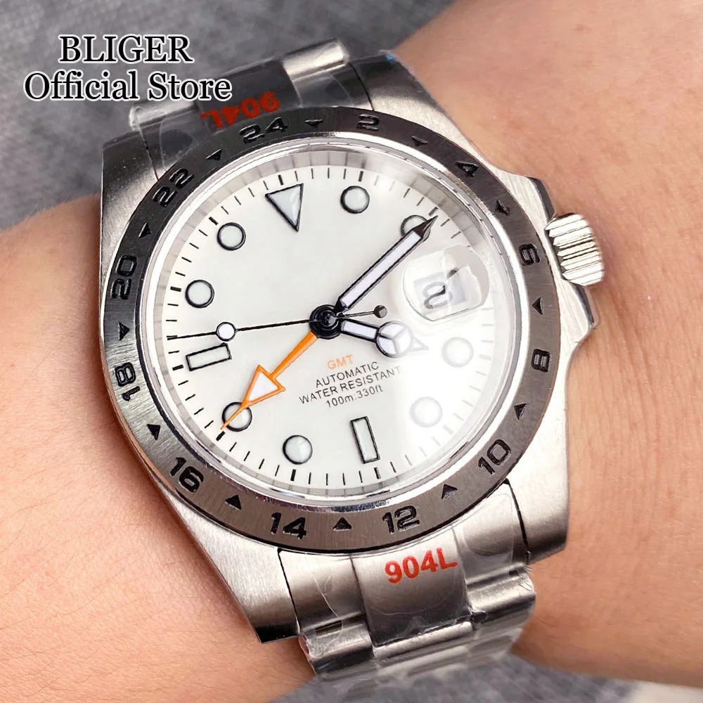BLIGER White Dial Luminous 39mm Automatic Mens Watch Japan NH34 Movement GMT Brushed Steel Strap Sapphire Glass Screwdown Crown