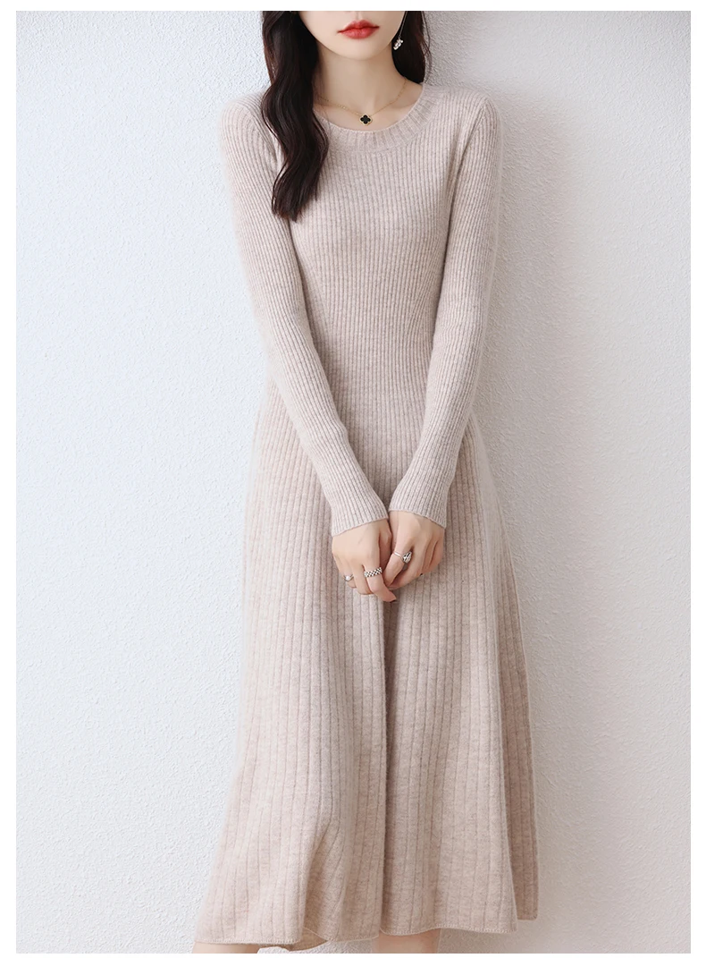 Women's Merino Wool Long Sweater Dress, Round Neck, Striped, Thick, Monochromatic, 100% Merino, Autumn, Winter, New, Official