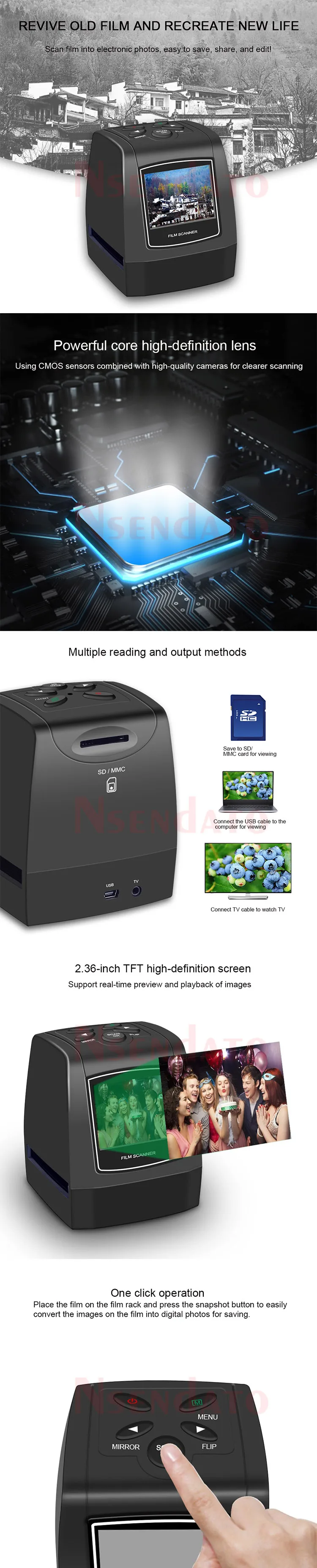 5MP 35mm USB Negative Film Slide Viewer Scanner 2.3"LCD Digital Color Photo Screen Film Converter for SD Scanner Scanners