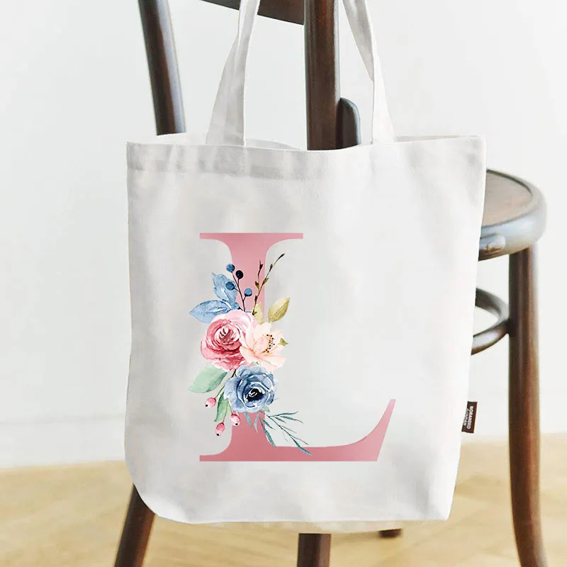 

Pink Print 26 Letters Shopping Bag Casual Foldable Handbags Reusable Canvas Shoulder Travel Storage Beach Tote Bags for Women