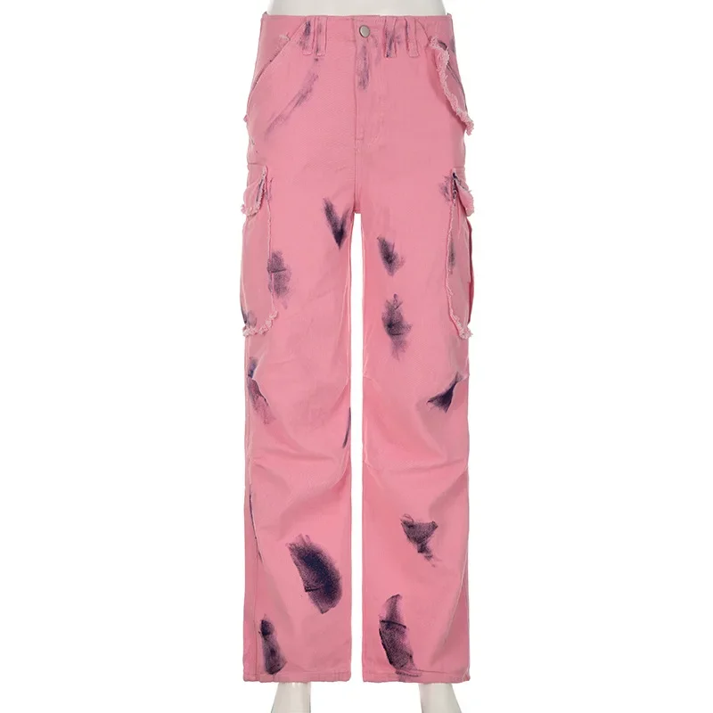 

Autumn Hot Girl’s High-waisted Wide Leg Casual Denim Pants with Graffiti Print and Frayed Pockets - Distinctive Jeans for Women