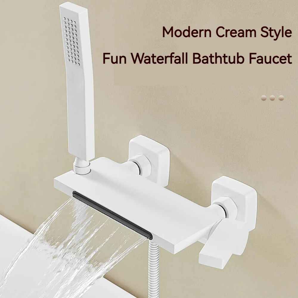 White Grey Bathroom Waterfall Bathtub Faucets With Hand-held Shower Wall Mounted Hot and Cold Mixer Tap Shower Set Single Handle 2