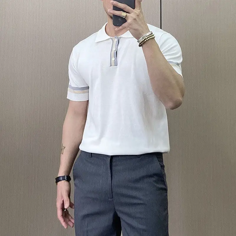

Мужская Летняя мода 2023, тонкие полосатые вязаные футболки, мужская футболка с отворотом и коротким рукавом, Мужская облегающая Повседневная рубашка-поло D34