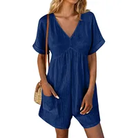 Summer Casual Overalls For Women Loose Ruched Short Sleeve V Neck Shorts Jumpsuits With Pockets Rompers Solid Bib Overall - Image 5