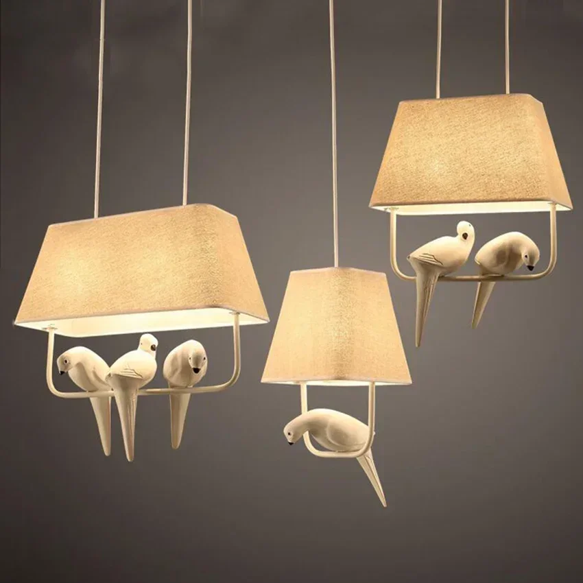 Nordic Style Three-headed Birds Lamp Restaurant Bedroom Personalized Children Room Modern Simple Resin Linen Fabric Bird Lamps