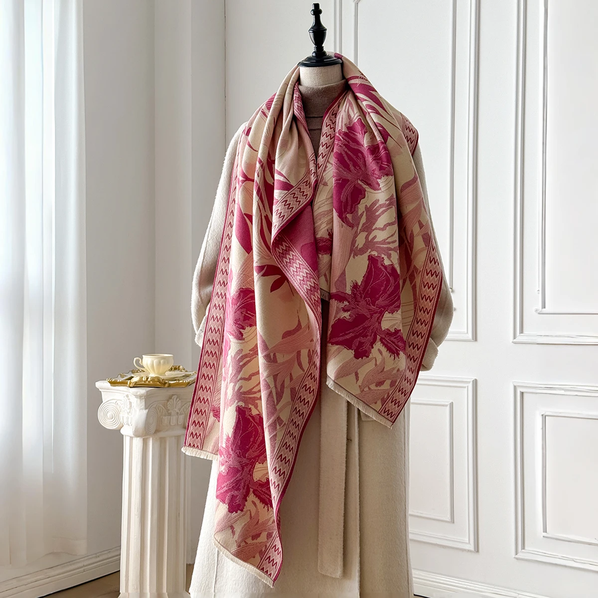 Brand Fashion Winter Warm Cashmere Scarf - Women's Tasseled Vintage Floral Oil Painting Printed Pashmina Thick Shawl & Poncho