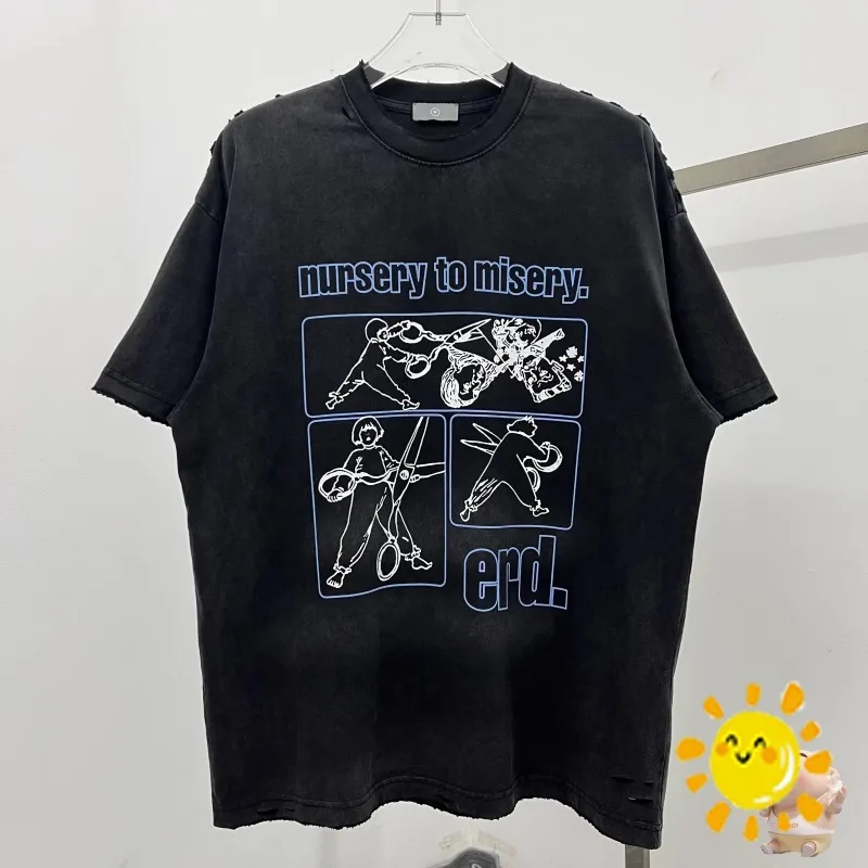 

Футболка 24SS с эффектом потертости и повреждения, мужская и женская футболка лучшего качества с комиксным принтом «Руки-Ножницы», футболка оверсайз