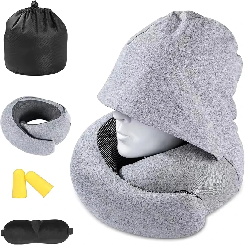 1 PCS Hooded Travel Neck Pillow Memory Foam For Airplane Car Office Sleeping Long Flight Road Trip Essentials Light Gray