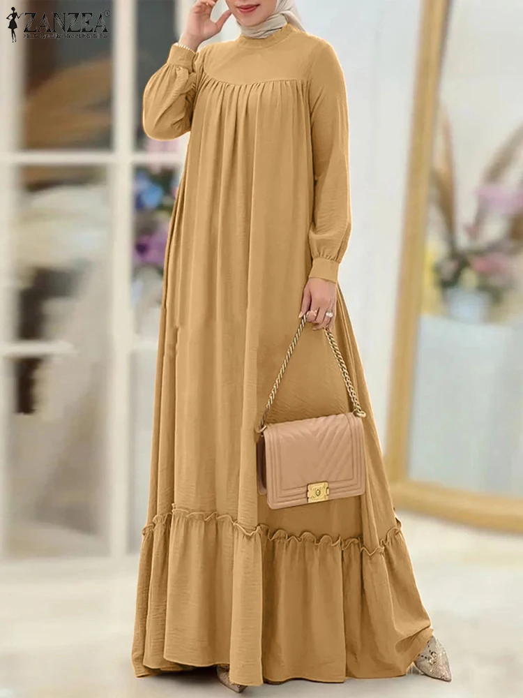ZANZEA Women Muslim Dress Abaya Autumn Maxi Long Dress Kaftan Dubai Vestidos Robe Sleeve Solid Ruffles Hem Sundress
